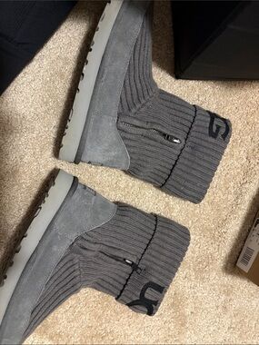 UGG Charcoal Ribbed Knit Sock Boots with Logo Cuff